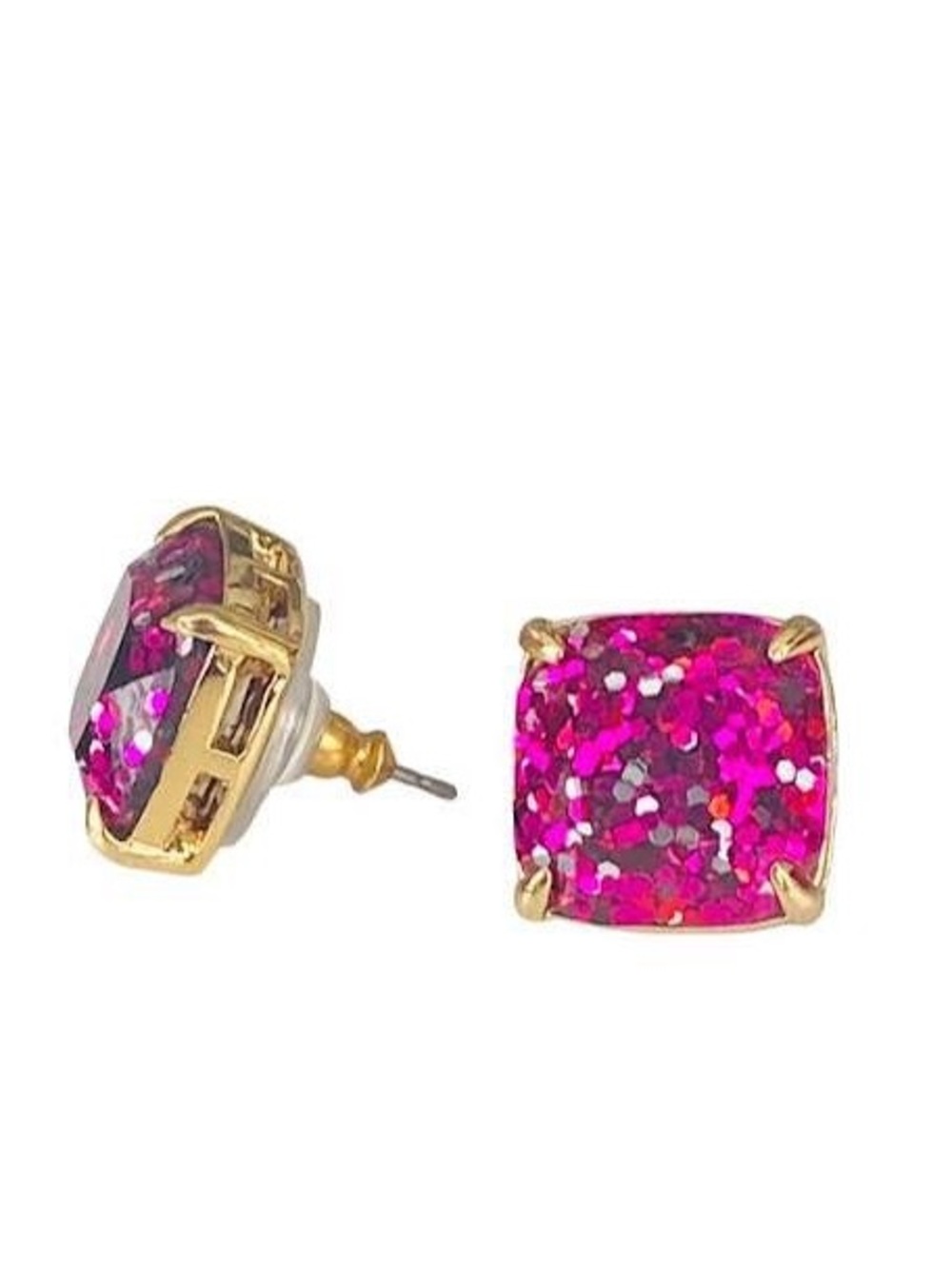 NWT Kate Spade Mini Square Glitter Stud Earrings Pink Fuchsia Gold